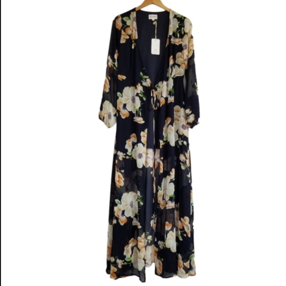L'ATISTE Tops - NWT L'atiste Navy Floral Print Tie Front Duster Kimono Top Blouse Size Large